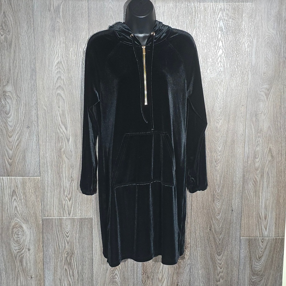 Jones New York Signature Womens Black Velvet Half Zip Hoodie Dress Medium M